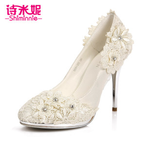  诗米妮正品新款女鞋蕾丝花朵高跟鞋沙丁布单鞋白色婚鞋D088