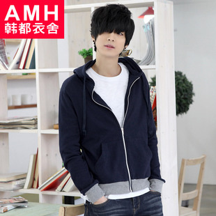  AMH男装韩国春装新款韩版长袖连帽开衫纯色卫衣NQ2059煷亓