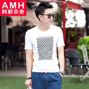  AMH男装韩国夏装新款韩版修身型圆领印花短袖T恤NQ2129煷