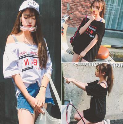 夏季新款 韩范宽松显瘦吊带露肩背带字母印花中长T恤学生上衣女