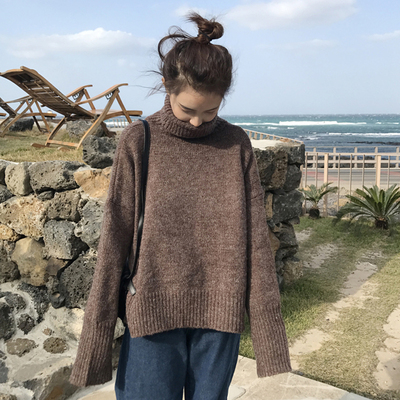 秋冬女装2017新款韩版宽松加厚保暖高领毛衣套头复古上衣学生外套