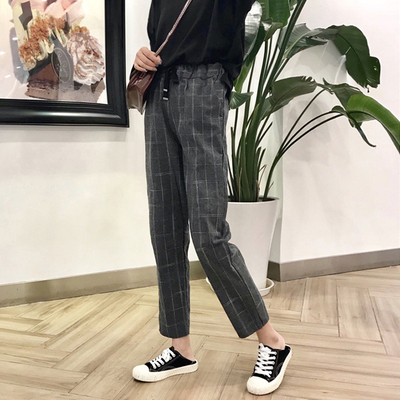 秋冬女装2017新款韩版宽松显瘦格子哈伦裤加绒九分裤休闲裤学生潮