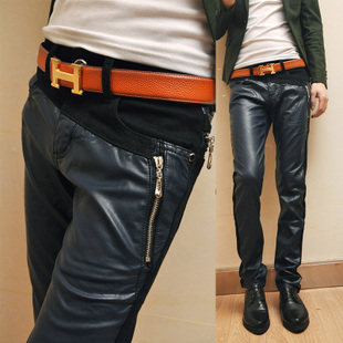 Men's leather pants 2012 foot tide men skinny slim Korean men's pants black Cowboys to spell leather pants
