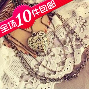  1607  韩版饰品 复古桃心形爱心花纹多层长款项链 毛衣链