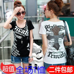  新款 时尚英伦风花纹蕾丝拼接 字母印花 棉t恤 短袖 女