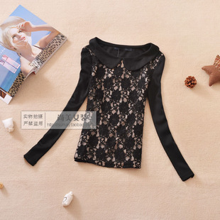  春装新款女装打底衫 复古韩版娃娃领长袖修身镂空蕾丝雪纺衫