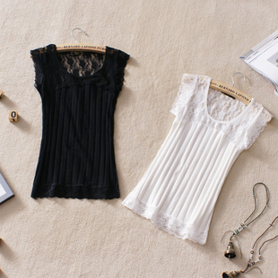 新款夏装女装 弹力修身蕾丝拼接 韩版文艺复古螺纹棉无袖T恤