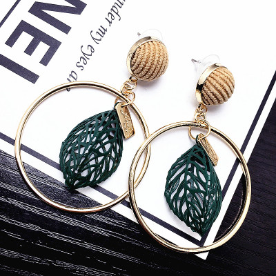 日韩新款清新布艺纽扣耳钉金属圆环镂空耳饰镂空树叶夸张气质耳环