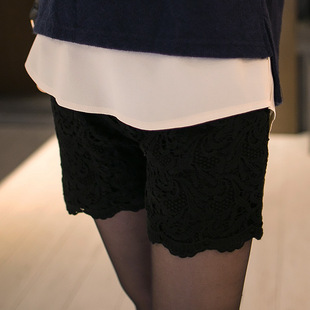  桔熊{BA0366}韩版浪漫蕾丝缇花抽绳毛呢短裤女秋冬热裤子大码S-5L