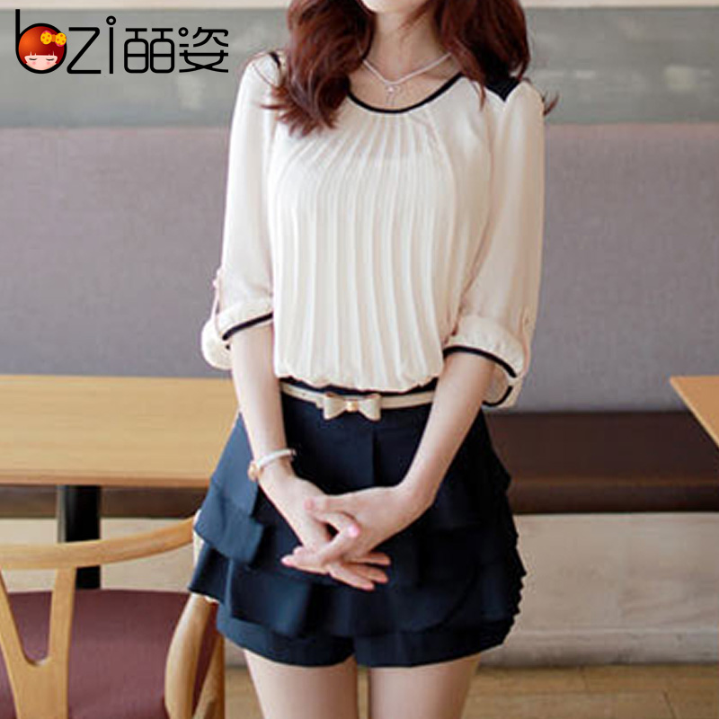 甜美泡泡袖雪纺衫潮...