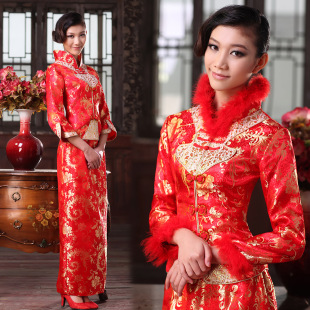  红色结婚旗袍 新娘旗袍 敬酒服长款 冬季夹棉长袖旗袍 加厚晚礼服