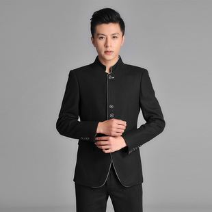  冬款男装毛呢西服立领西装套装镶边西装套西修身西服