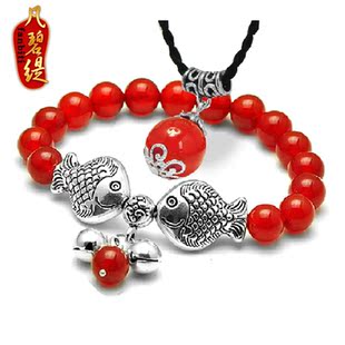  凡碧缇 纯天然红玛瑙手链苗银双鱼手链 水晶 亲嘴鱼 女款 正品