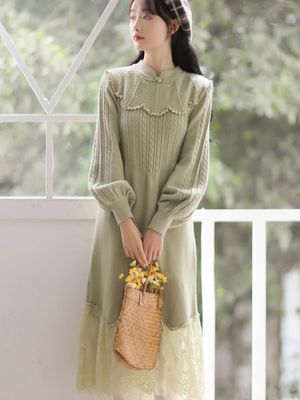 改良版旗袍年轻款小清新少女温柔牛油果绿针织毛衣裙秋冬季中长款