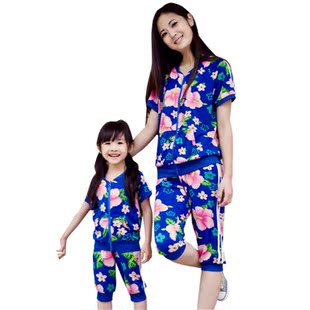  [六一团购]亲子装夏装款母女装母子儿童运动套装花朵短袖童装