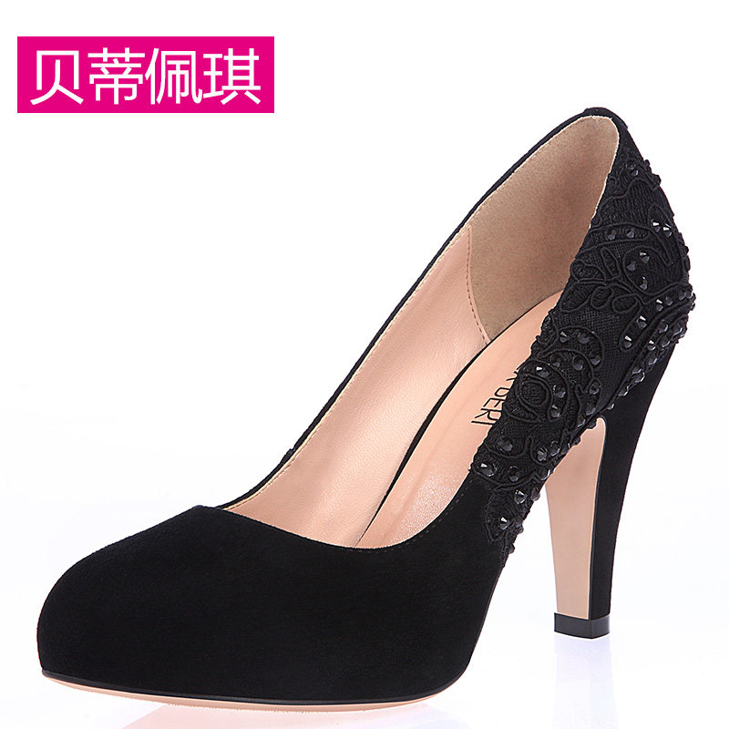 贝蒂佩琪羊皮水钻高跟鞋牛筋底真皮粗跟防水台