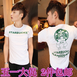  2件包邮夏装男士打底衫韩版圆领t恤衫恶搞星巴克style情侣装半袖