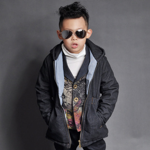  单品包邮 童装 ZBH 韩版男童牛仔棉大衣 儿童带帽夹棉风衣外套