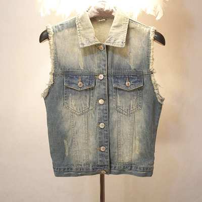 韩国代购时尚女款无袖<em>大码</em>水洗磨破<em>牛仔马甲</em>背