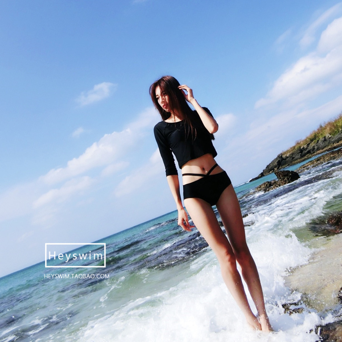 heyswim定制网红款七分袖气质显瘦防晒钢托大小胸聚拢分体泳衣女在类目 运动/瑜伽/健身/球迷用品, 游泳, 分体泳衣中 - 来自Buy2taobao.com提供专业的淘宝代购服务
