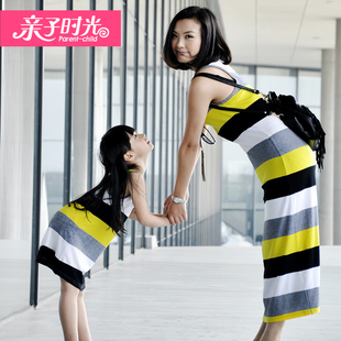  亲子时光 亲子装夏装连衣裙 母女装4色条纹长裙新款全家装
