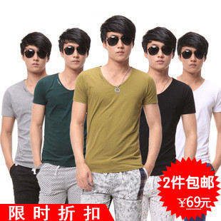  新款夏季男装CK小字母 韩版修身纯色小v领男士t恤 男 短袖打底衫