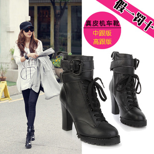  特价粗跟短靴真皮 高跟厚底机车靴子 马丁靴 女靴 新款冬女鞋