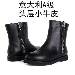  欧美欧洲站 双拉链 平底平跟 短靴 真皮靴 圆头靴 真皮女靴 女鞋