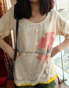 森女系 原创独家限量插画蕾丝双层拼接 宽松中袖t恤 女