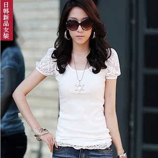  韩版夏装女装新款大码修身时尚蕾丝拼接休闲短袖t恤女潮上衣