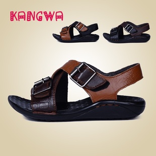  夏季新款童鞋儿童凉鞋皮革拼接男童牛皮中大童露趾魔术贴沙滩鞋潮