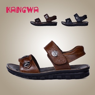  康娃夏新款男童凉鞋中大儿童牛皮皮革拼接露趾魔术贴防滑童鞋