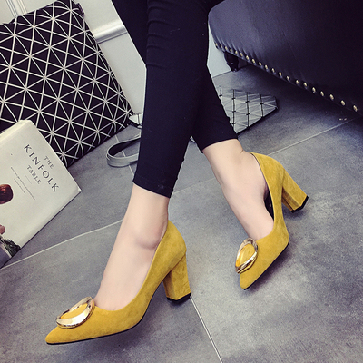 2016秋夏新款单鞋粗跟高跟鞋中跟浅口绒面金