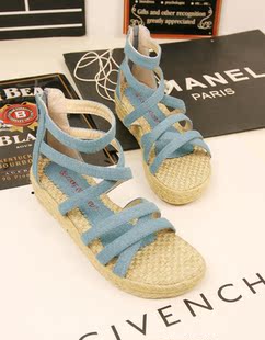  超夯质感森女风简约线条百搭复古怀旧罗马小坡跟牛仔凉鞋