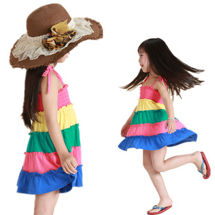 童装新款女童连衣裙韩国女童吊带裙子夏装儿童彩虹裙子纯棉沙滩裙