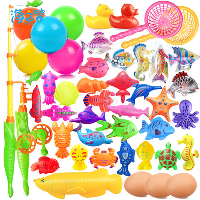 儿童宝宝小孩钓鱼玩具套装戏水洗澡塑料磁性池篮桶
