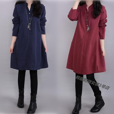 2017秋冬装韩版休闲女装立领半开衫宽松显瘦长袖棉麻风纯色连衣裙