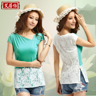 艾蓓怡 初夏T恤新品 拼接网纱蕾丝衫斜领 插肩袖短袖 女 夏装