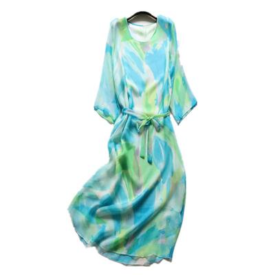 夏真丝连衣裙 双层桑蚕丝客供面料七分花色系带中长裙 女 裙子