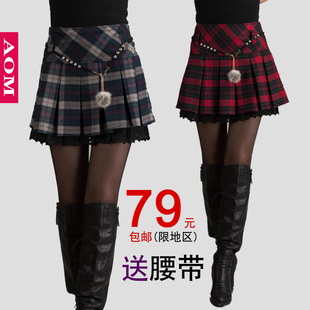  秋冬新款女装时尚百搭毛呢半身裙百褶裙韩版冬装格纹a字短裙子女