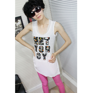  欧洲站夏新款 韩版时尚字母圆领蕾丝拼接百搭无袖t恤 背心女