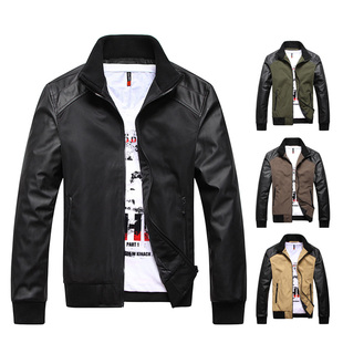  森马版型秋冬装韩版男士夹克 潮流加厚夹克 修身PU皮拼接男装外套