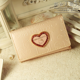  限定版hello kitty 凯蒂猫淡粉色爱心真皮女士 钥匙包 零钱包