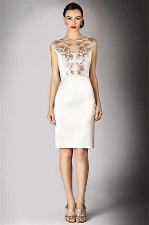 illen白色丝滑缎面珠片重工华丽砍袖无袖礼服连