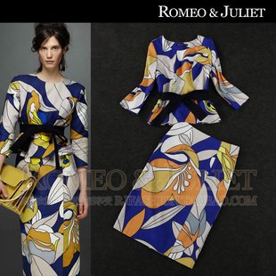 罗密欧与朱丽叶 欧美秋装女装新款印花七分袖上衣+修身半身裙套装