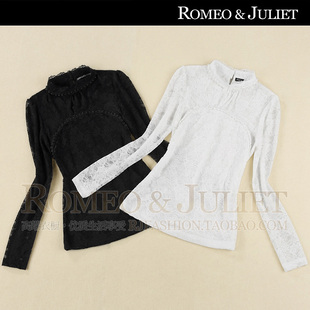 【罗密欧与朱丽叶】欧美女装秋装新款立领钉珠蕾丝衫长袖打底衫