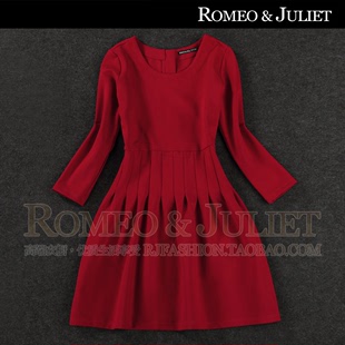 2013欧美女装秋装新款压褶收腰长袖修身显瘦红色针织棉气质连衣裙