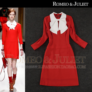 2013欧美女装秋装新款复古撞色荷叶边领长袖修身中长款红色连衣裙