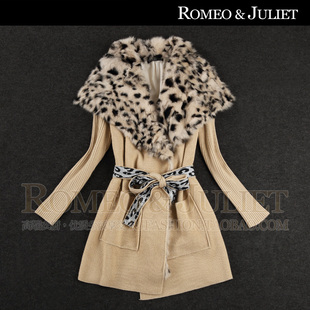 欧美女装2013秋冬新款豹纹兔毛领长袖修身系带中长款针织毛衣外套