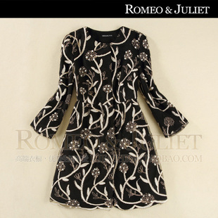 2013欧美冬装女装新款 高贵优雅 重工绣花订珠长款羊毛呢大衣外套
